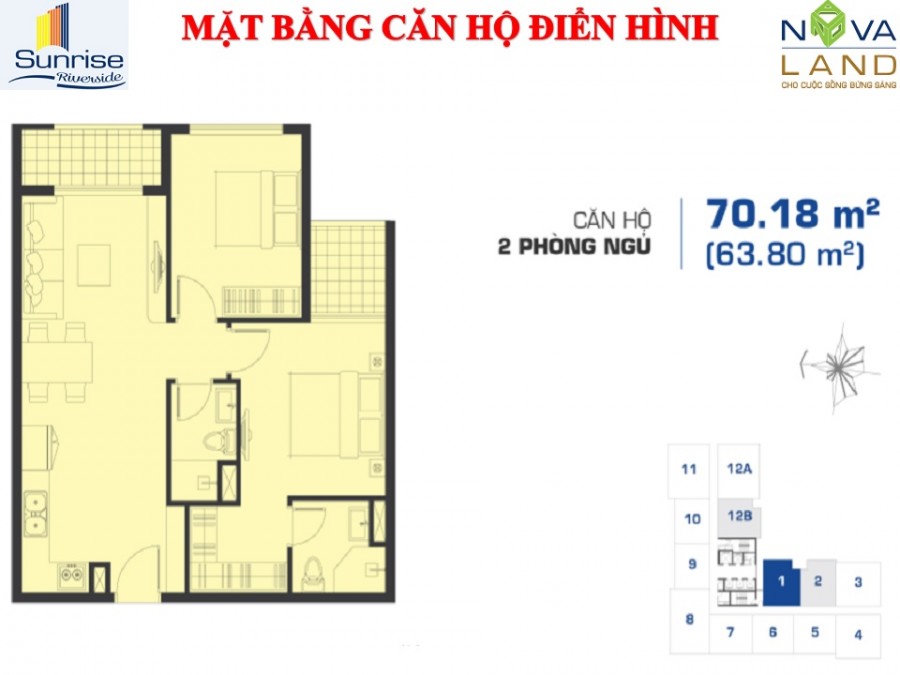 Mặt bằng căn hộ điển hình 2 phòng ngủ 69 m2