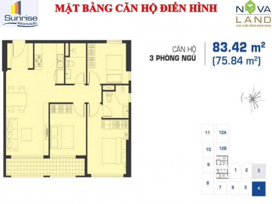 Mặt bằng căn hộ điển hình 3 phòng ngủ 83 m2