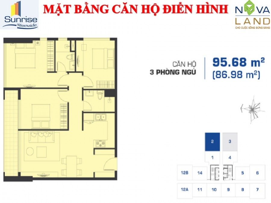 Mặt bằng căn hộ điển hình 3 phòng ngủ 95 m2