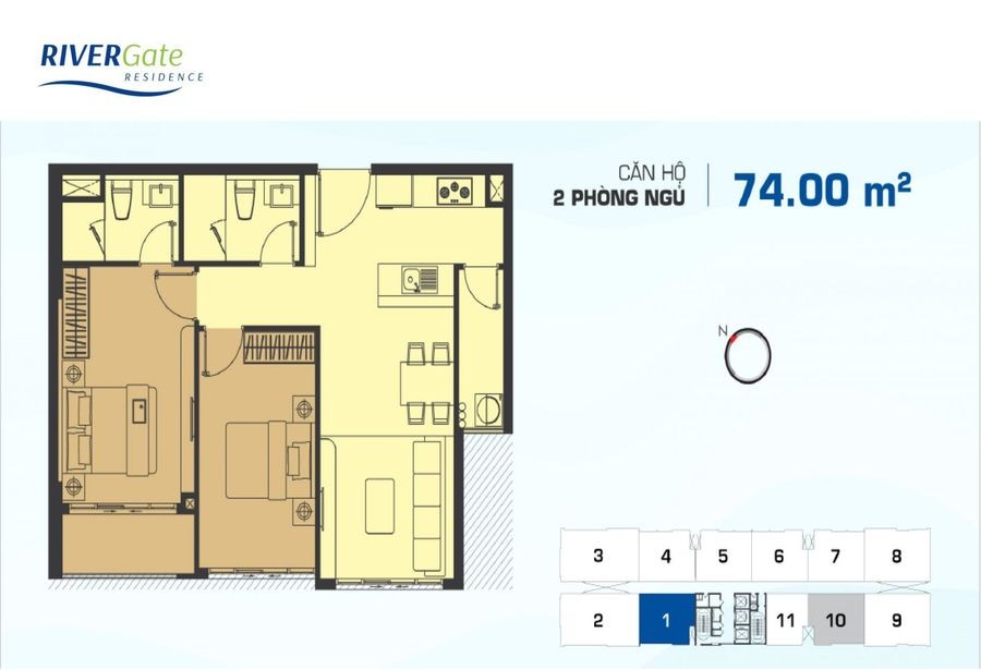 Mặt bằng căn hộ 2 pn 74 m2